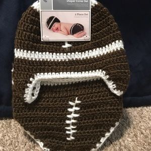 SOLD-Hand crocheted football hat & diaper cover